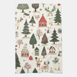 Cream Red Green Folk Art Winter Animal Pattern Tea Towel