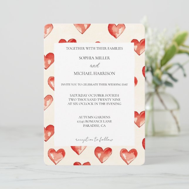 Cream Red Hearts Love Wedding Invitation (Standing Front)