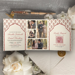 Cream Red Ikat All in One Indian Wedding Tri-Fold Invitation
