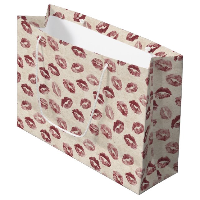 Cream Red Lips Kisses Romantic Valentine's Day Large Gift Bag (Front Angled)
