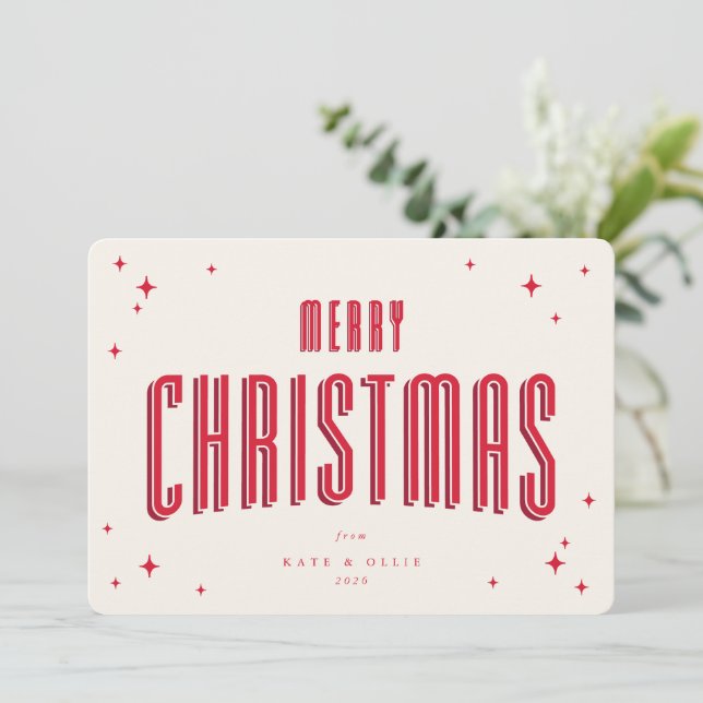 Cream+Red Merry Christmas Retro Stars Flat Holiday Card (Standing Front)