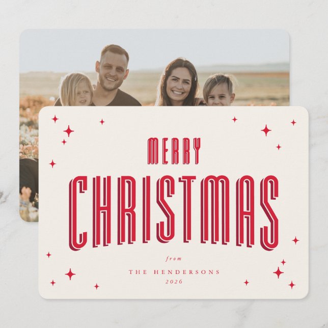 Cream+Red Merry Christmas Retro Stars Flat Photo Holiday Card (Front/Back)