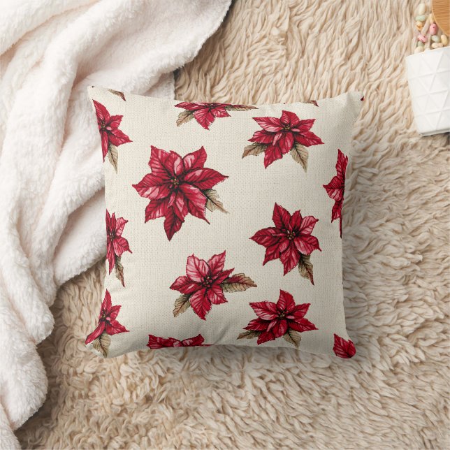 Cream Red Poinsettia Floral Christmas Cushion (Blanket)