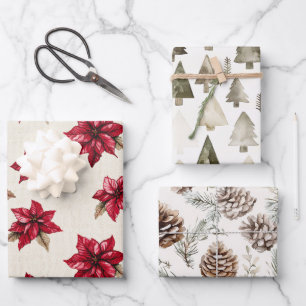 Cream Red Poinsettia Floral Christmas Wrapping Paper Sheet