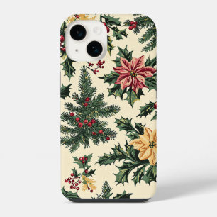 Cream Red Poinsettia Holly Christmas Pattern iPhone 14 Case