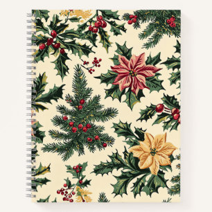 Cream Red Poinsettia Holly Christmas Pattern Notebook