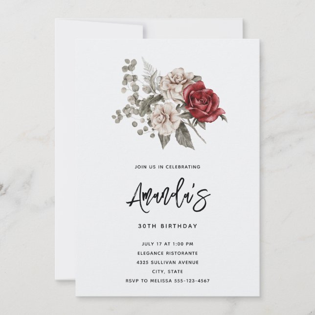 Cream & Red Rose Boho Floral Bouquet Birthday Invitation (Front)