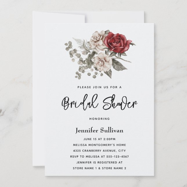 Cream & Red Rose Boho Floral Bouquet Bridal Shower Invitation (Front)