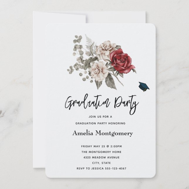 Cream & Red Rose Boho Floral Bouquet Graduation Invitation (Front)