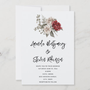 Cream & Red Rose Boho Floral Bouquet Wedding Invitation
