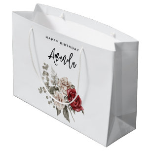 Cream & Red Rose Boho Flower Bouquet Birthday Large Gift Bag
