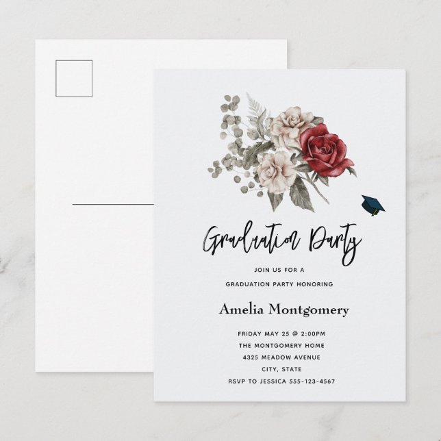 Cream & Red Rose Boho Flower Bouquet Graduation Invitation Postcard (Front/Back)