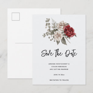 Cream & Red Rose Boho Flower Bouquet Invitation Postcard