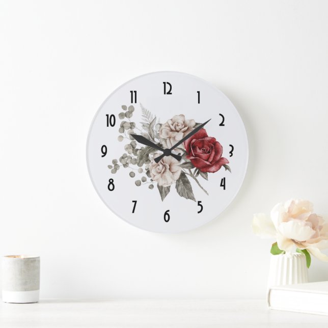  Cream & Red Rose Boho Flower Bouquet Large Clock (Home)