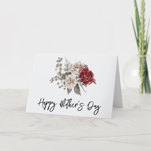 Cream & Red Rose Boho Flower Bouquet Mother's Day Card (Front)