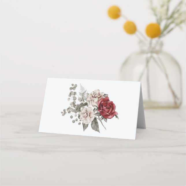 Cream & Red Rose Boho Flower Bouquet Place Card (Front)