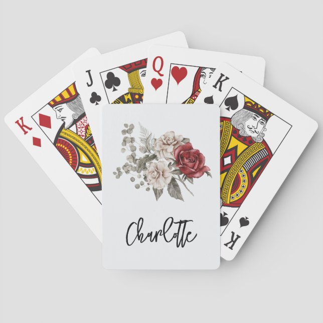 Cream & Red Rose Boho Flower Bouquet Playing Cards (Back)