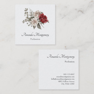 Cream & Red Rose Boho Flower Bouquet Square Business Card