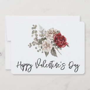 Cream & Red Rose Boho Flower Bouquet Valentine's Card