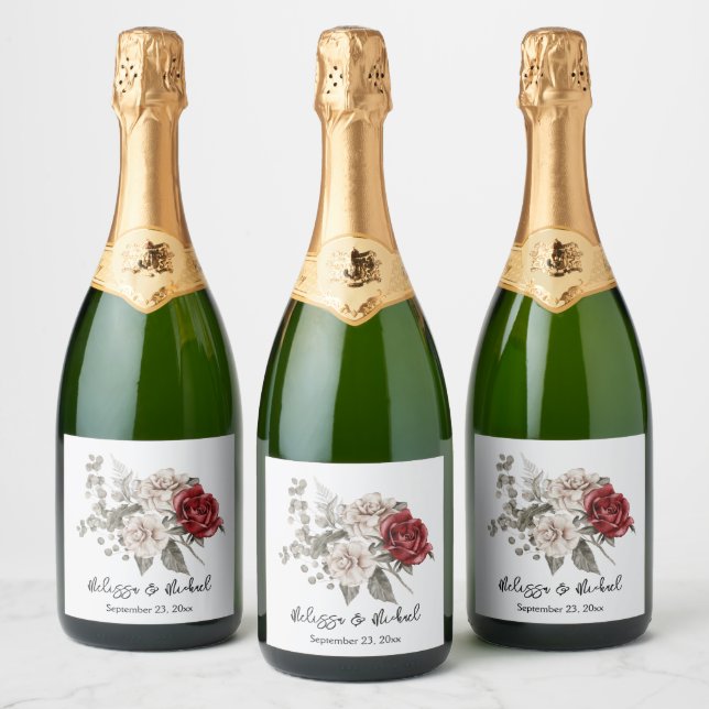  Cream & Red Rose Boho Flower Bouquet Wedding Sparkling Wine Label (Bottles)