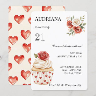 Cream Red Rose Cupcake Hearts Floral Birthday Invitation