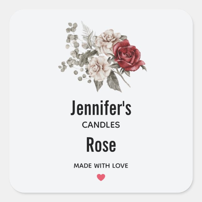 Cream & Red Rose Flower Bouquet - Candle Business Square Sticker (Front)