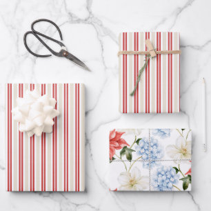 Cream Red Stripes Blue White Flowers Christmas Wrapping Paper Sheet