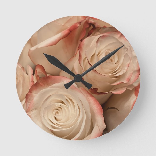 Cream & Red Tipped Roses Round Acrylic Wall Clock (Front)