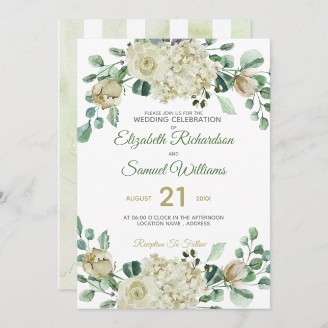 Cream Rose Bud Hydrangea Watercolor Classic Invitation (Front/Back)