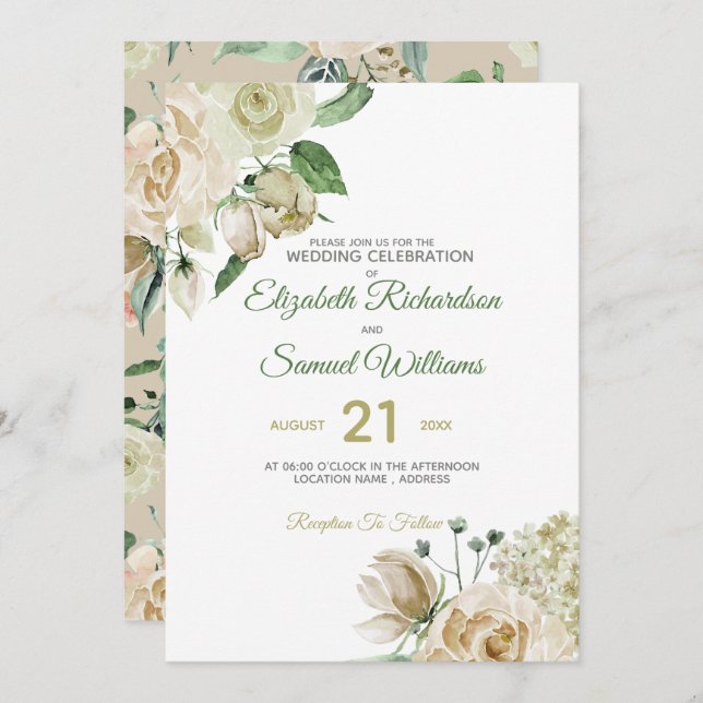 Cream Rose Bud Hydrangea Watercolor Classic Invitation (Front/Back)