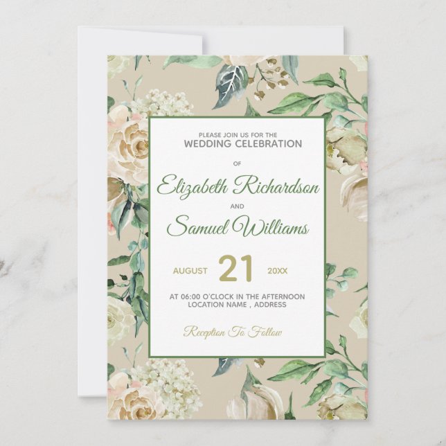Cream Rose Bud Hydrangea Watercolor Classic Invitation (Front)