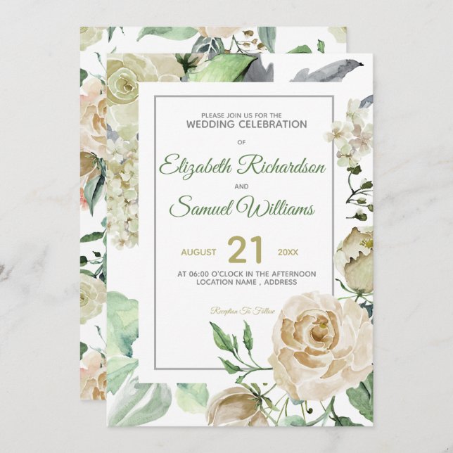 Cream Rose Bud Hydrangea Watercolor Classic Invitation (Front/Back)