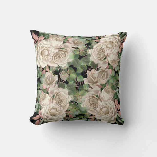 CREAM ROSE EUCALYPTUS FLORAL BOTANICAL BLACK CUSHION (Front)