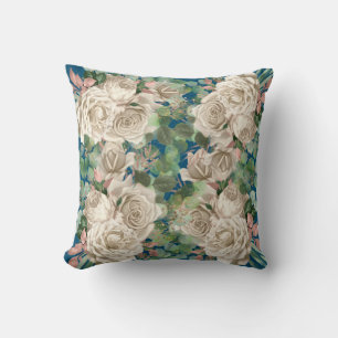 CREAM ROSE EUCALYPTUS FLORAL BOTANICAL BLUE CUSHION