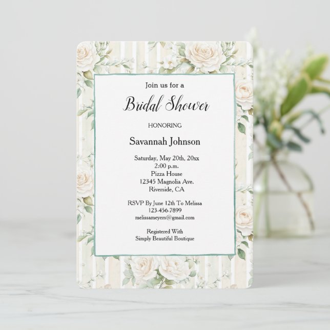 Cream Rose Floral Romantic Stripes Bridal Shower Invitation (Standing Front)