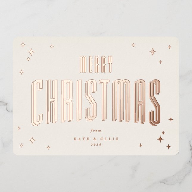Cream+Rose Gold Merry Christmas Retro Stars Flat Foil Holiday Card (Front)