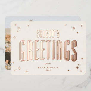 Cream+Rose Gold Season's Greetings and Stars Photo Foil Holiday Card