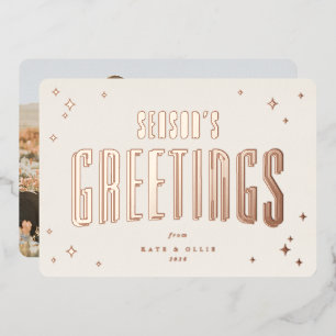 Cream+Rose Gold Season's Greetings and Stars Photo Foil Holiday Card