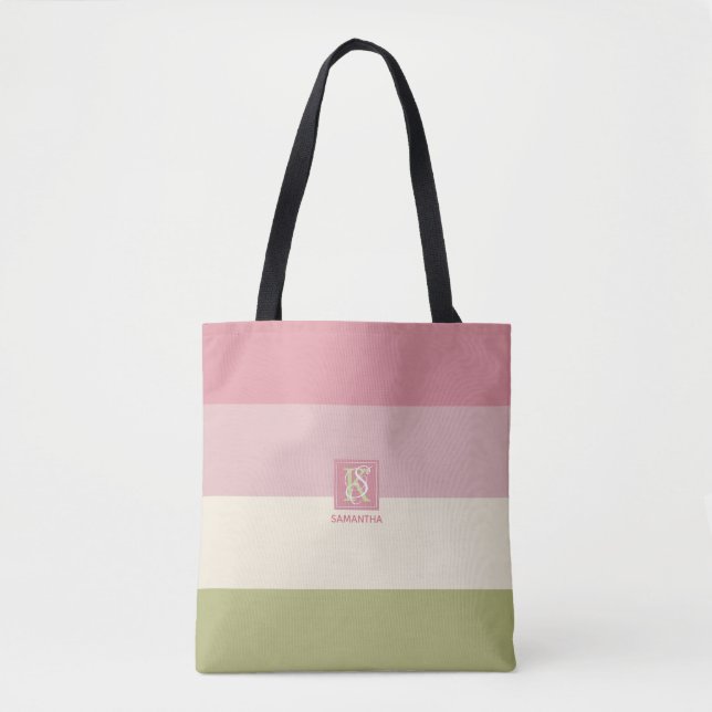 Cream Rose Green Colour Palette Stripes Monogram Tote Bag (Front)