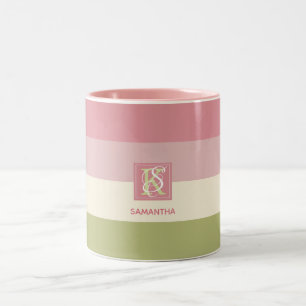 Cream Rose Green Colour Palette Stripes Monogram Two-Tone Coffee Mug