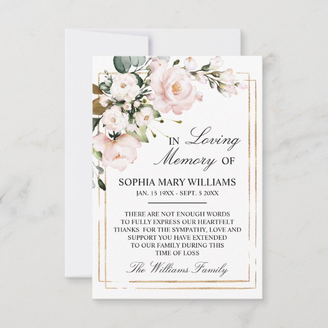 Cream Rose & Green Leaves Sympathy Memory Thank You Card (Front)