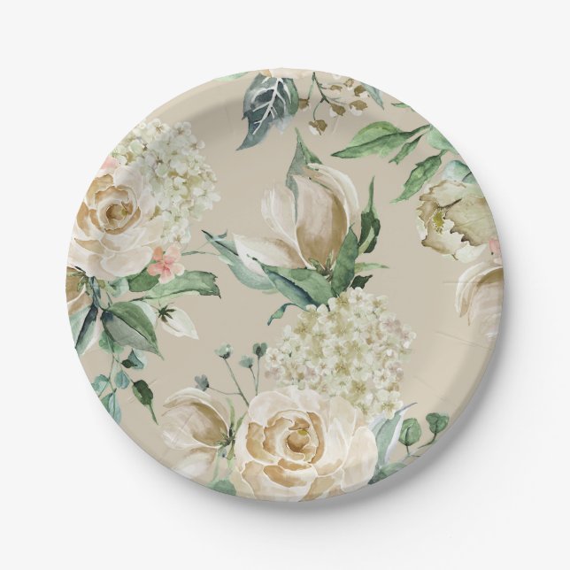 Cream Rose Hydrangea Beige Watercolor Paper Plate (Front)