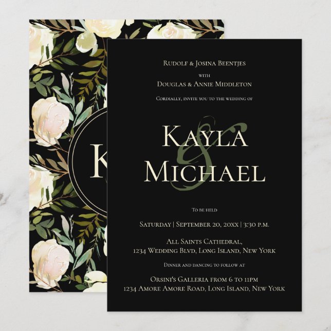 Cream Rose Monogram Wedding Invitation (Front/Back)