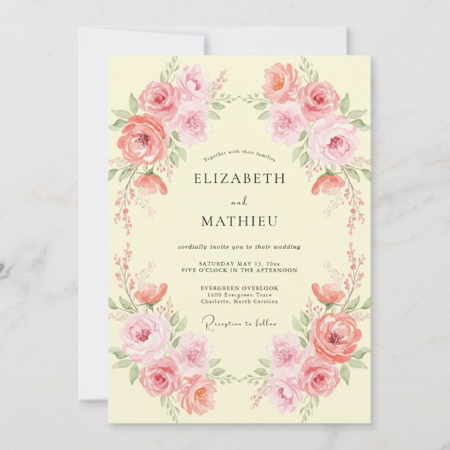 Cream Rose Pink Peony Wedding Invitation (Front)