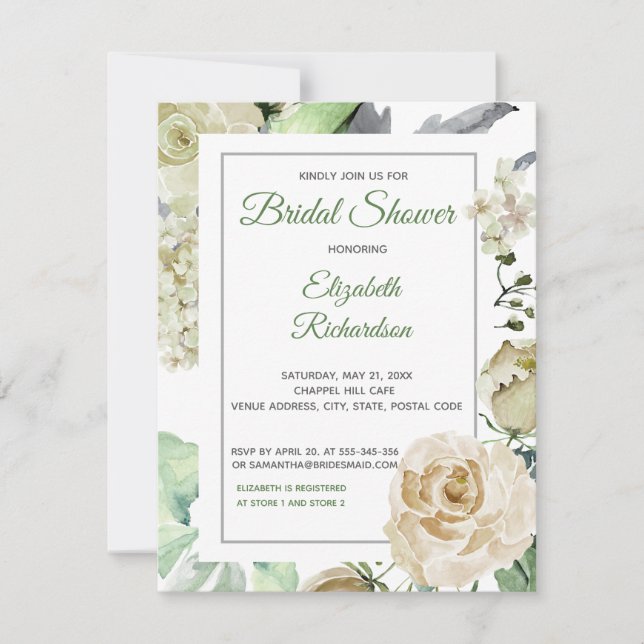 Cream Rose Watercolor Floral  Bridal Shower RSVP Card (Front)