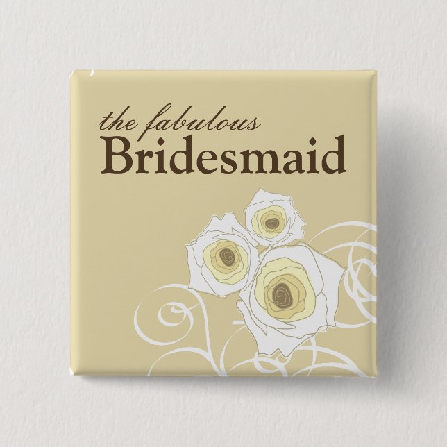 Cream Roses and Swirls Bridesmaid Wedding Button (Front)