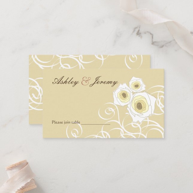Cream Roses And Swirls Elegant Romantic Wedding Place Card (Front/Back In Situ)