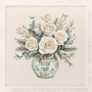 Cream Roses in Vase Floral Glass Coaster