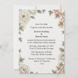 Cream Roses, Ivy Leaves, Watercolor Foliage, Botan Invitation