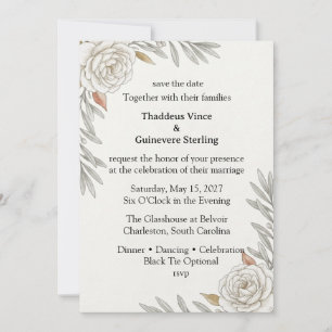 Cream Roses, Olive Branches, Watercolor Foliage, B Invitation